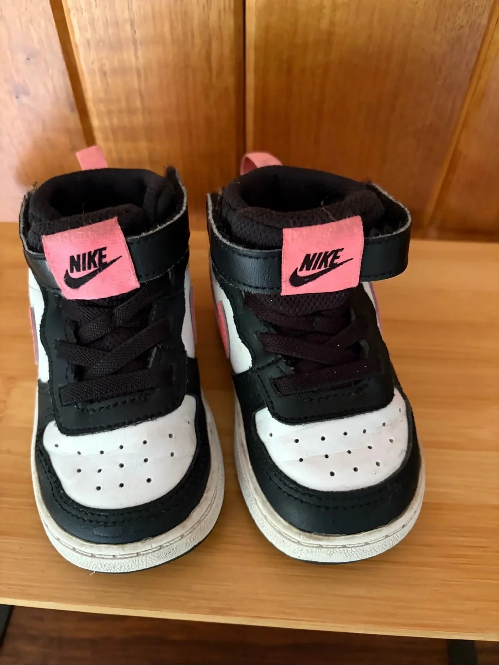 Nike Kids Sz 6C Black White Pink Mid-Top Sneakers. Velcro Straps. Baby Girl.